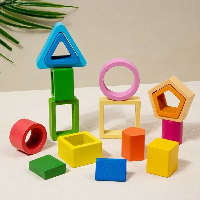 Wooden Geometric Stacked Columns Shape Color Sorting Matching Puzzles Building Blocks Stacking Toys Kids Montessori Gifts