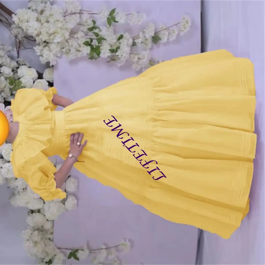 Principessa O Collo Piega Manica a sbuffo Una linea Abito da ragazza di fiori Lunghezza pavimento Formale Elegante Classico Abito da prima comunione Personalizzato