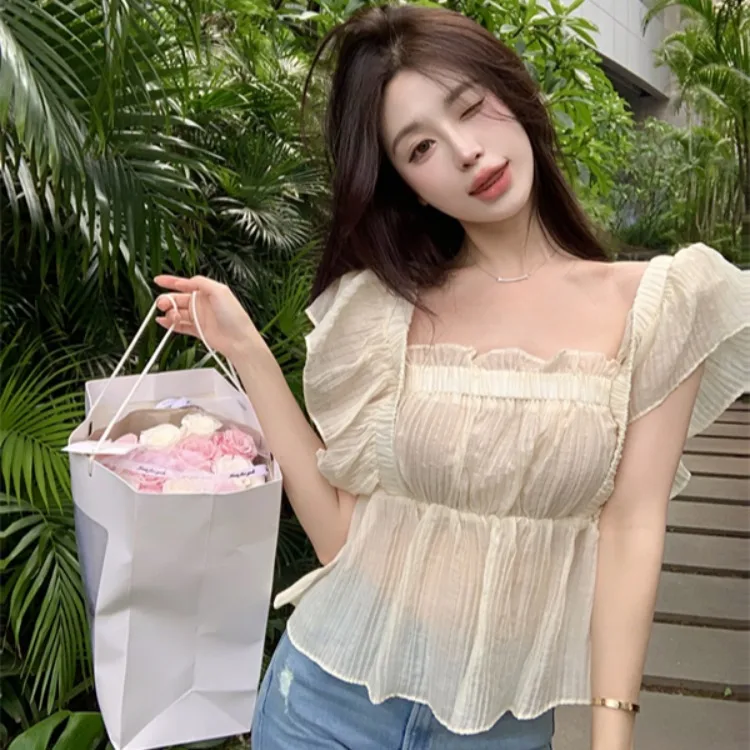 Retro Square Collar Fly Sleeve Shirt Women's Design Pure Desire Short Unique Exquisite Top Summer New Arrival Pure Color Comm...