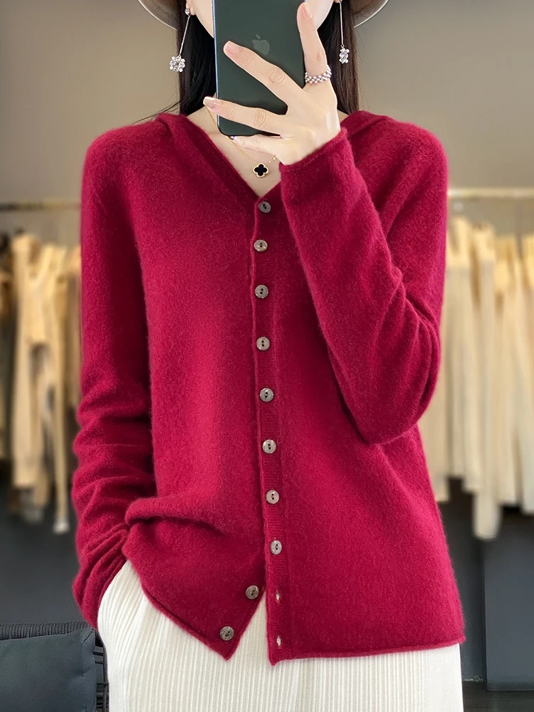 Addonee-Pull à capuche 2024 laine mérinos pour femme, cardigan en cachemire, sweats à capuche en tricot, vêtements de qualité basique, printemps,