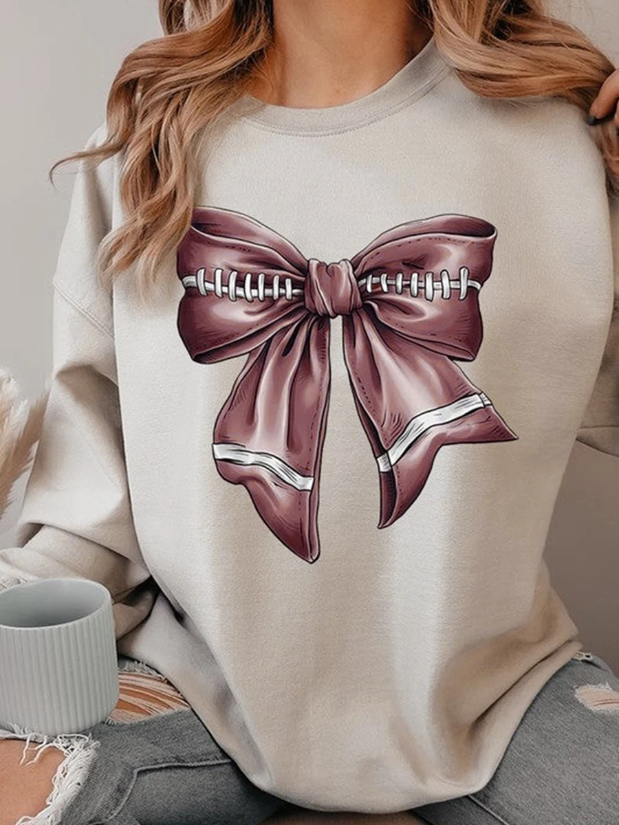 Women s Loose Sweatshirts Bowknot Print Round Neck Long Sleeve Pullovers Fall Winter Casual Tops