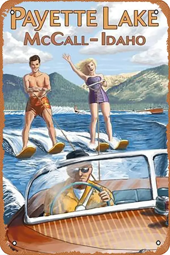لافتة معدنية من القصدير - بايت ليك، ماكال، ايداهو - مشهد التزلج على الماء - ملصق لوحة معدنية للمقهى، البار، ديكور جدار المنزل #1