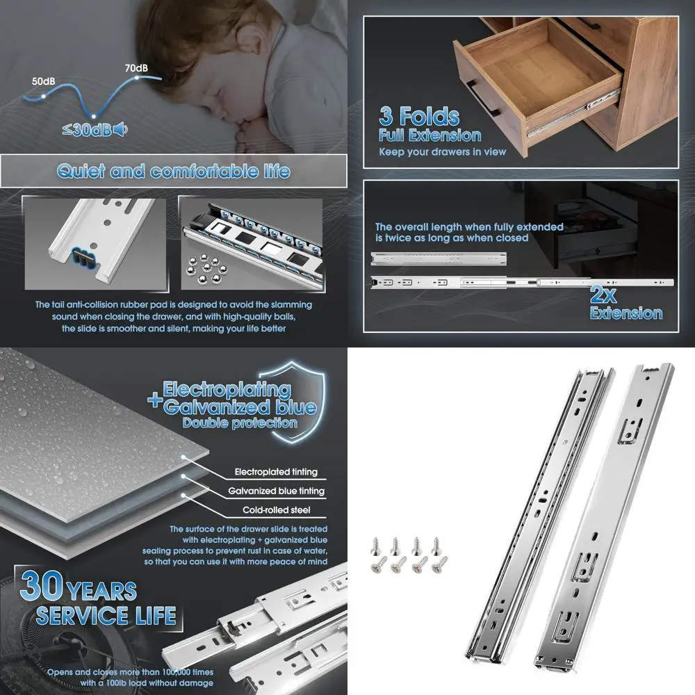 

5 Pairs 100lb Capacity Slides for 10-24 Inch Drawers, Side Mount Ball Bearing Glides for Cabinets, Wardrobes, and Kitchen