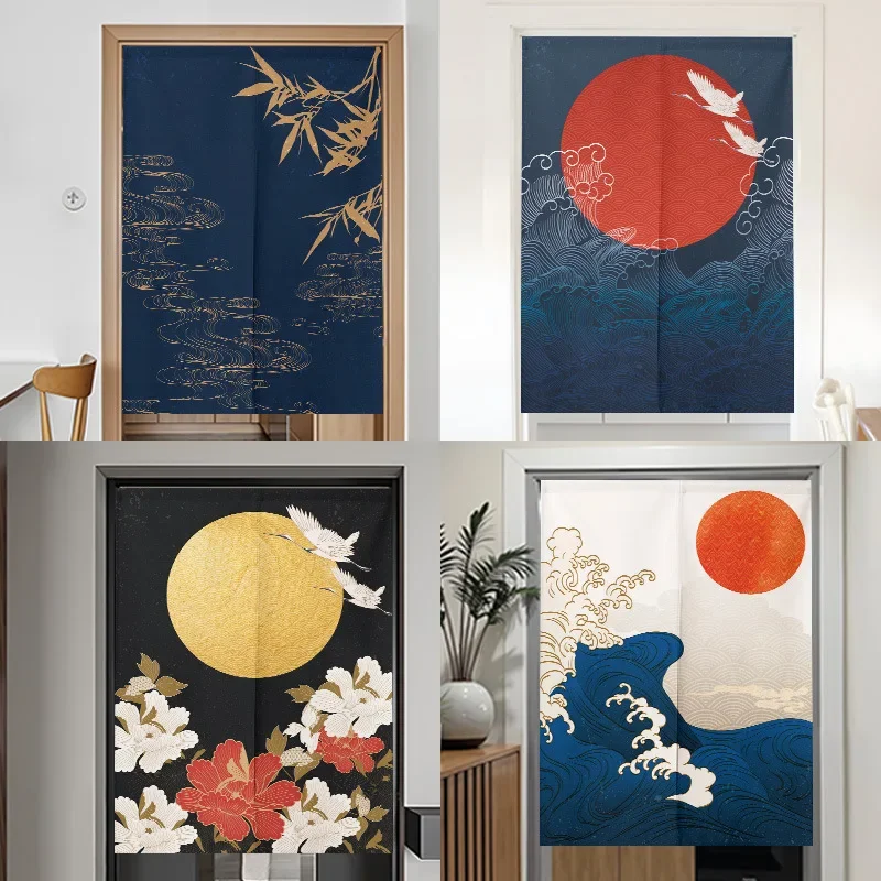 VIKAMA Japanese Style Ukiyoi Wave Curtain And Wind Crane Partition Curtain Kitchen Bedroom Cloth Half Curtain Home Decoration