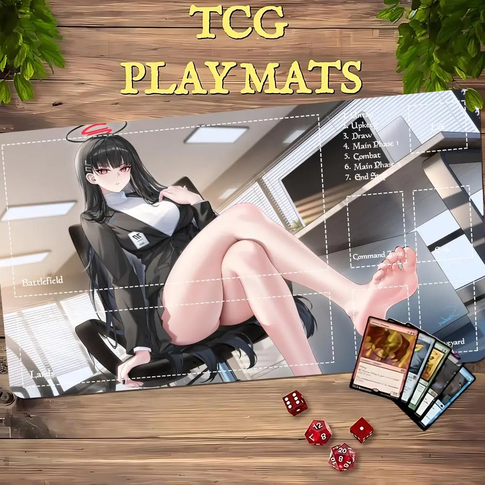 Office Suit Black Long Hair Anime Girl TCG Playmat 35X60CM Magic Card Battle Mat Non-Slip Durable Stitched Edge Tabletop Playmat