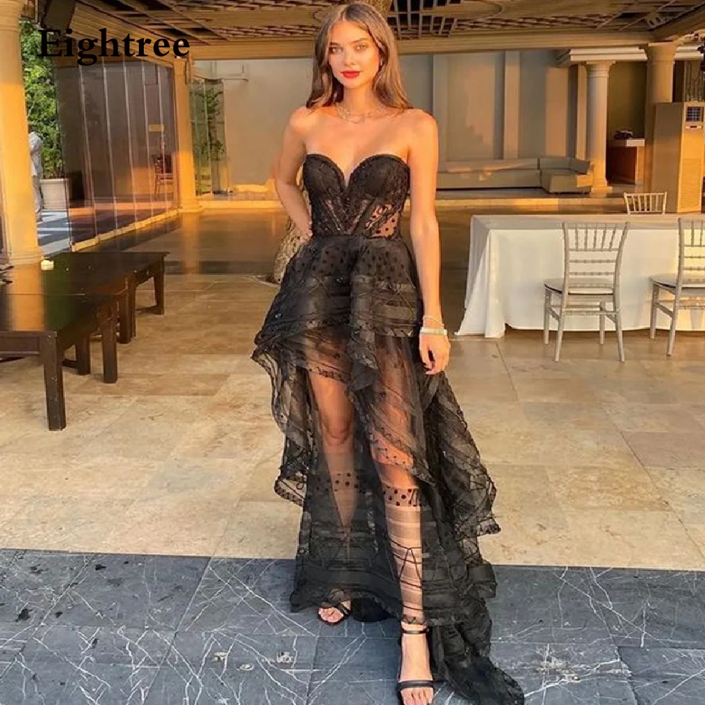 

Black Sexy Dots Sleeveless Long Tiered Evening Dresses Sweetheart A Line Newest Formal Party Prom Gowns Dress Vestidos de festa