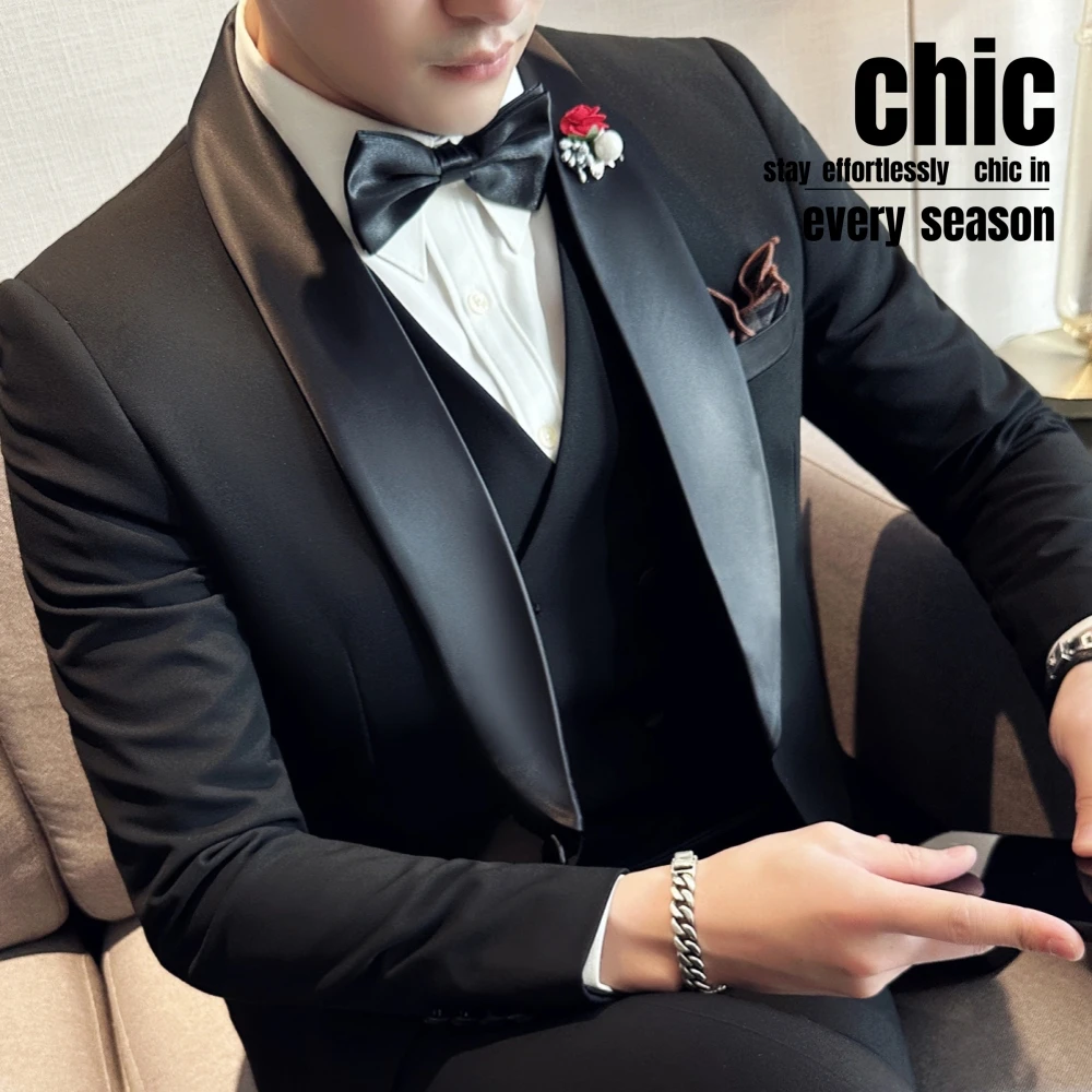 

Textured Black Dancing Men's Suit Charming Groom Wear Four Seasons High Quality Gentleman Celebrity Blazer Vest Pants Set