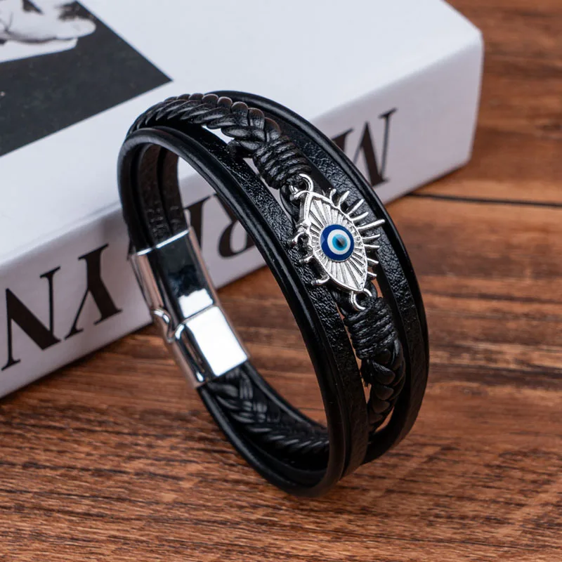 Retro Men's Evil Eye Leather Bracelet Multi-Layer Braided Cuff Braclets Lucky Protective Hand Jewelry Daily Wear Accessories