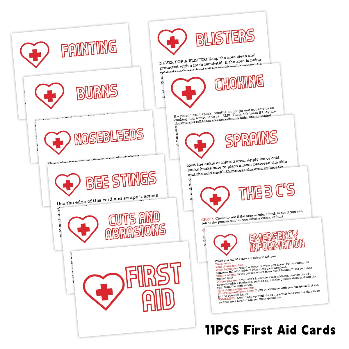 11 قطعة من بطاقات دليل الطوارئ الطبية، بطاقات معلومات أزمة الإسعافات الأولية لمجموعة أدوات النجاة للسلامة المدرسية المنزلية ومواد التدريب