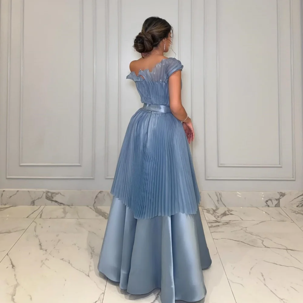 Bella Customized Blue One Shoulder Satin Mesh Fabric robes de soirée Strapless Evening Dresses Floor-Length Wedding Dress 2024