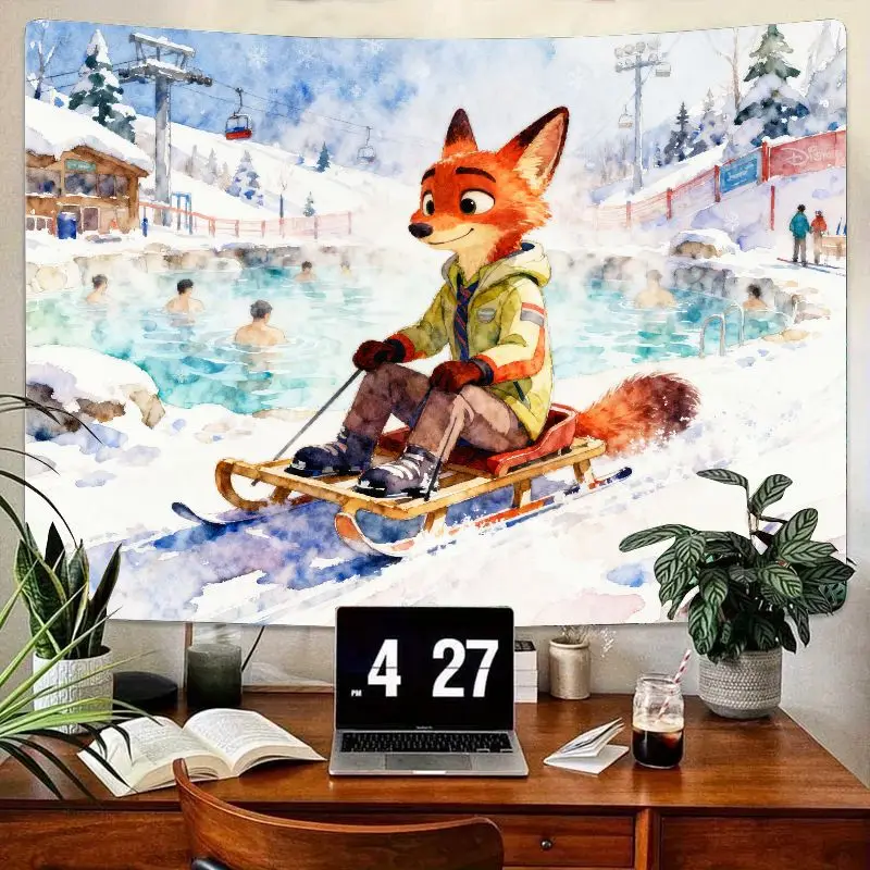 

1PC Cute Cartoon Fox Sledding Winter Hot Spring Tapestry, Modern Watercolor Polyester Wall Art for Living Room Bedroom Dorm Deco