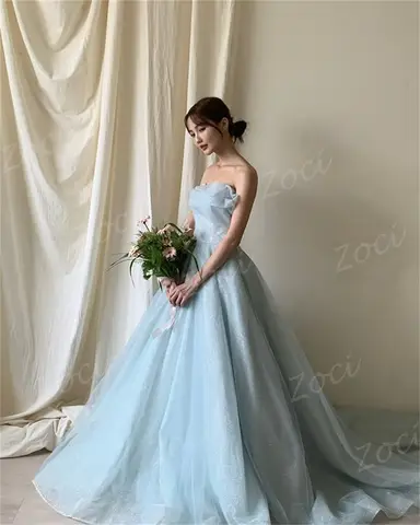 Zoci Älskling Himmelsblå Koreanska Bröllopsklänningar Älvaktig Glänsande Tyll Anpassad Fotograferingsklänning Glittriga Brudmottagningsklänning 10 best sales retrofete-klänning - №1