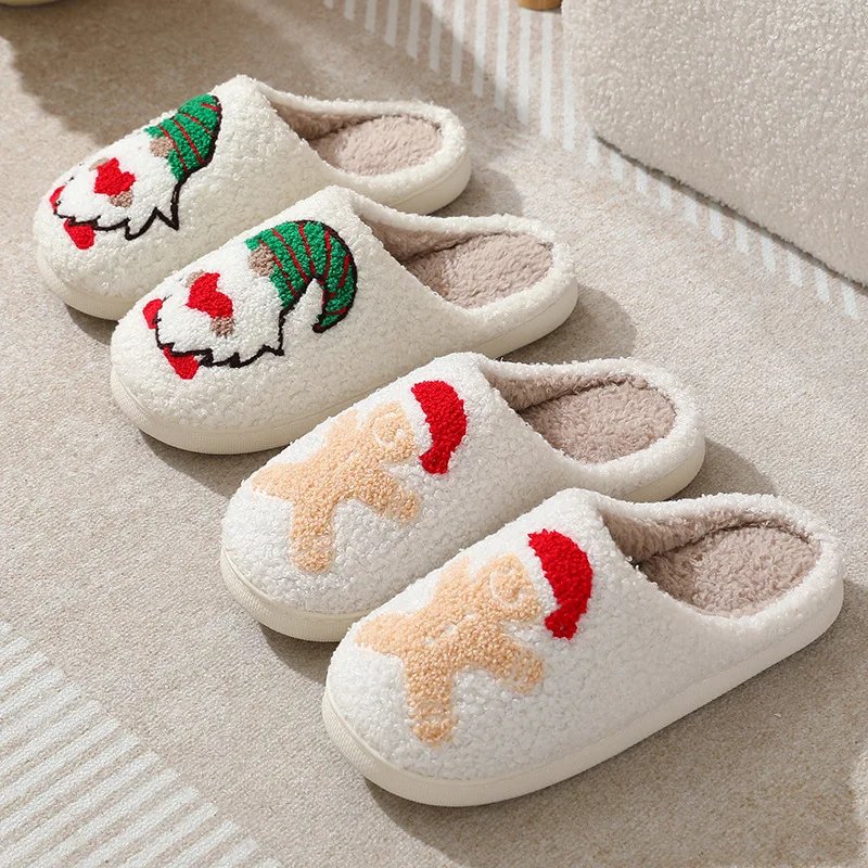 Christmas Print Women Thick-soled Winter Cotton Slippers Girls Non-slip Soft Sole Indoor Shoes Woman Warm Festive Casual Home