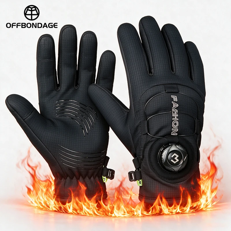 OFFBONDAGE Winter Cycling Gloves Thermal Warm Fleece Lined Waterproof Anti-Slip Motorcycle Gloves Adjustable Rotary Buckle MTB