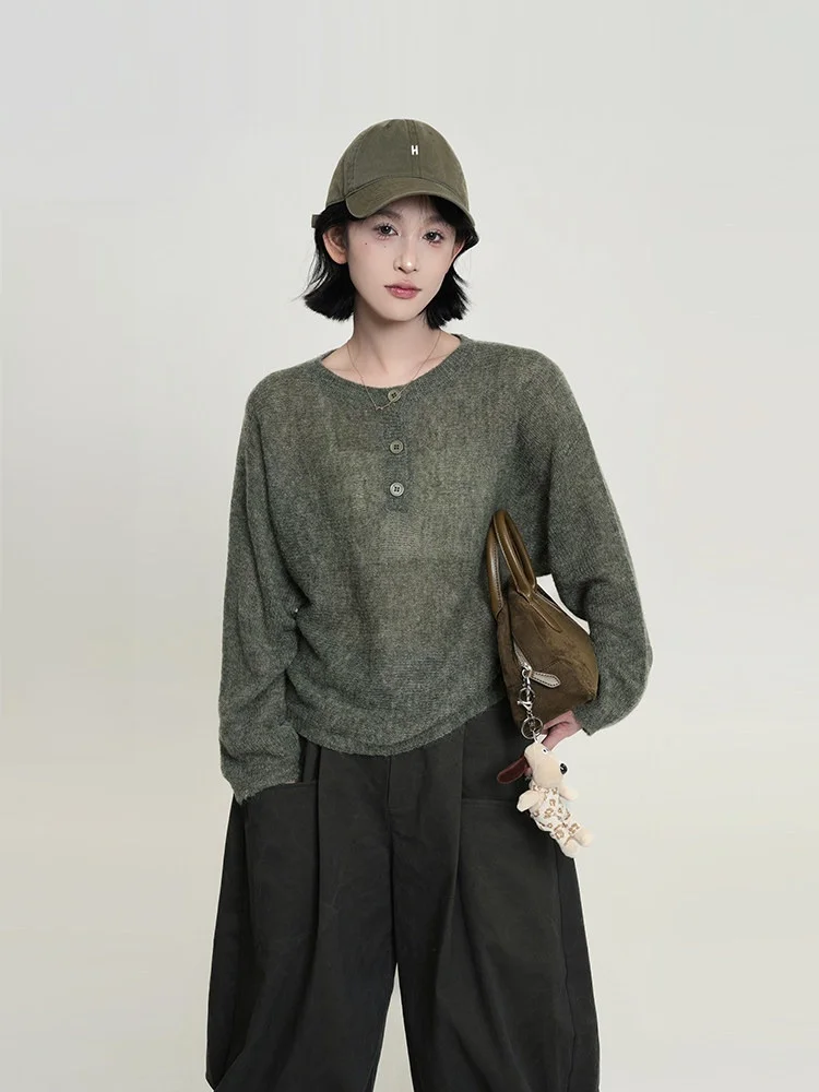 

Loose Fit Long Sve Knitted Sweater Women's Sle round Ne Thin Design Korean Faion Summer Top Thin Long Sve Knitwear