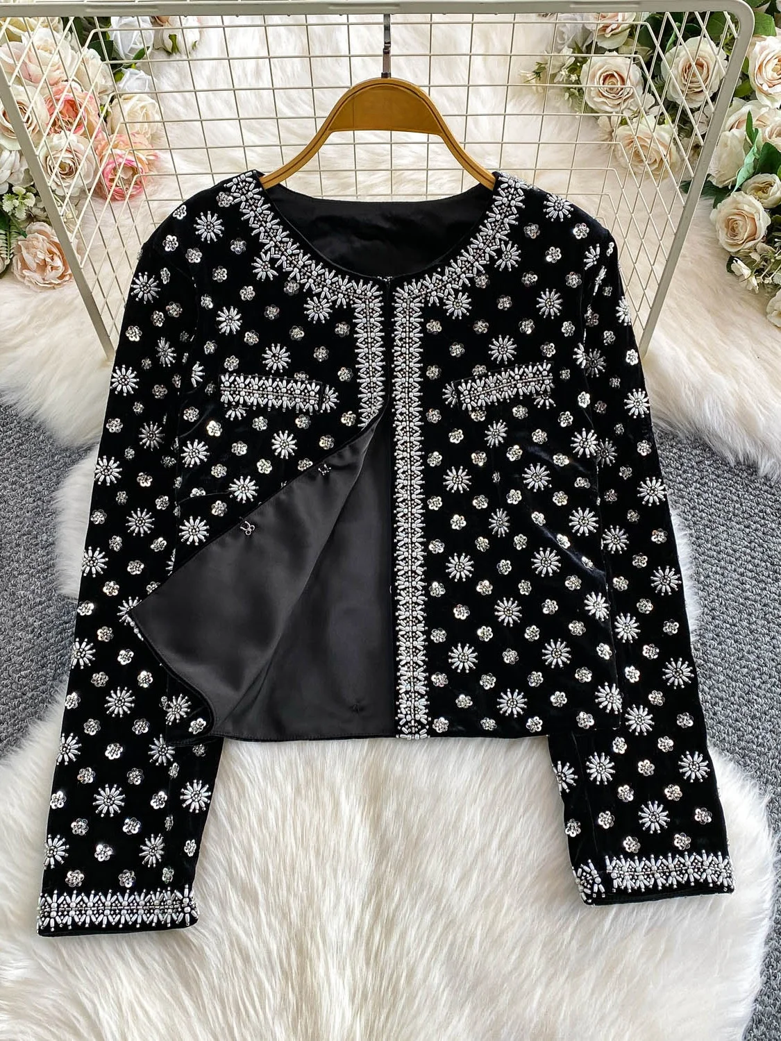 

round Ne Embroidered Sequin Jaet Women's Autumn Winter Commute Loose Slimming Top Comfortable ort Outerwear