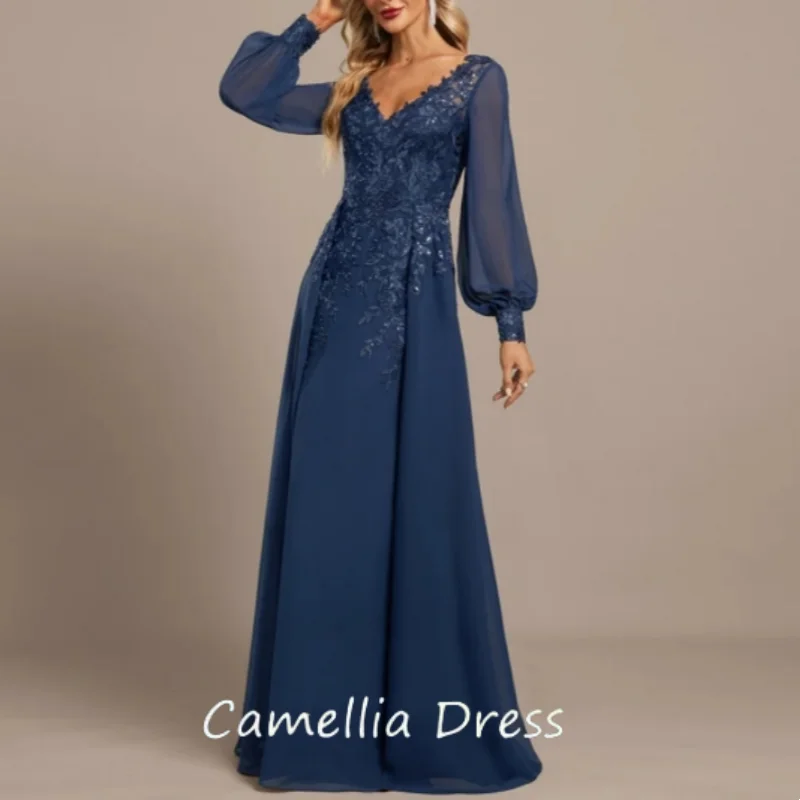 A-Line Full Sleeve Sequined Lace Appliques Formal Evening Dress Modern Chiffon Navy Blue Mother of the Bride Dresses V-Neck Gown