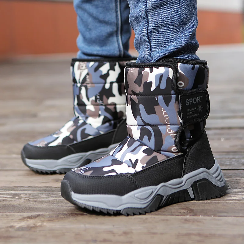 Kids Winter Snow Boots Boys Camouflage Warm Plush Lined Boots Hook & Loop Anti‑Slip Thick Sole Waterproof Children Outdoor Winte