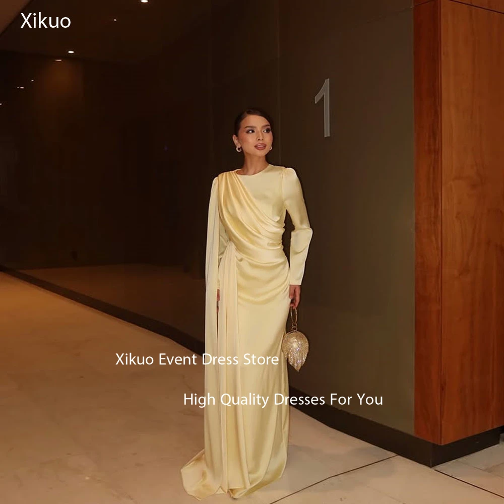 

Xikuo Light Yellow Satin Evening Dress Ruched Straight Wedding Party Dress Long Sleeves Vestidos De Boda Para Fiestas Customized