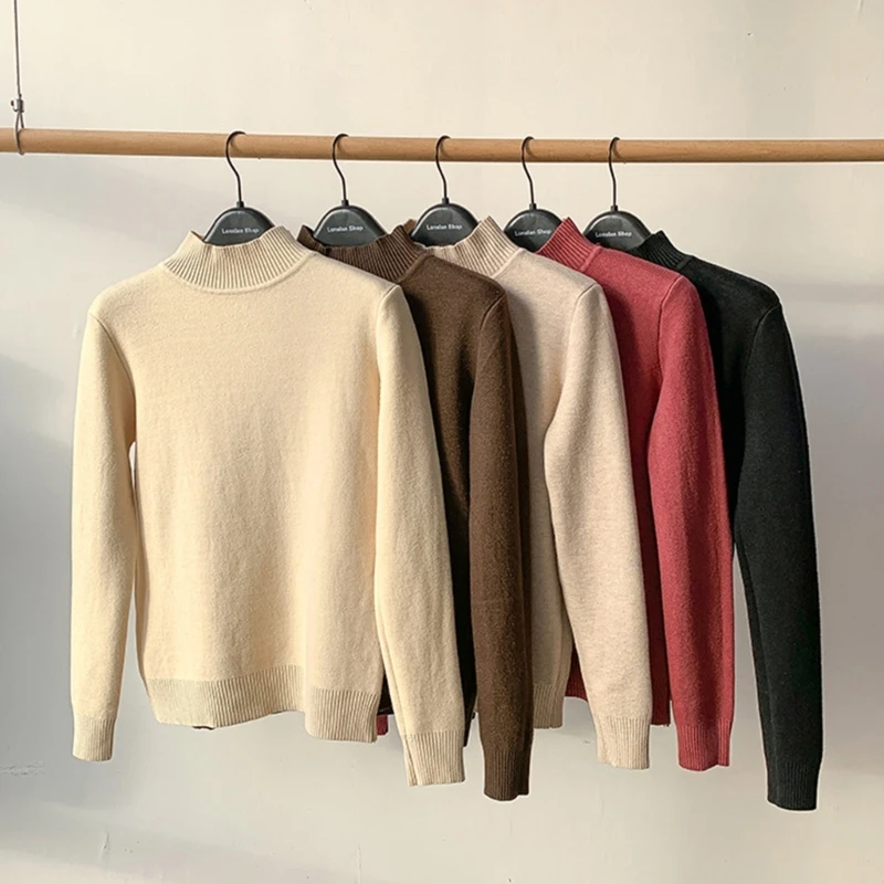 Frauen Hälfte Rollkragenpullover Solide Ärmel Gestrickte Pullover Tops Verdicken Fleece Gefüttert Pullover für Herbst