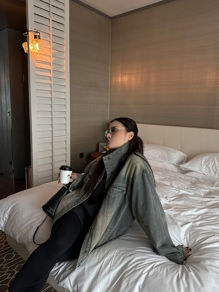 

Винтажная женская джинсовая куртка большого размера, выцветшая, в стиле ретро, с молнией, длинная юбка-трапеция, повседневная верхняя одежда