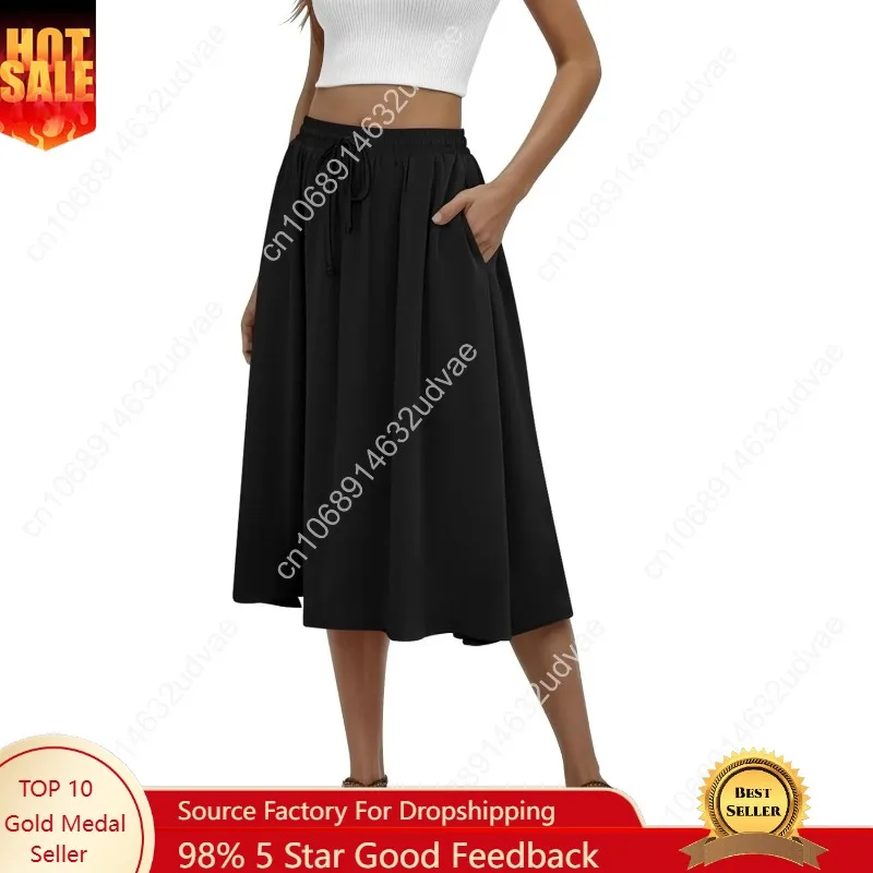 

Women's Midi Skirt Summer Pleated Flowy Elastic High Waisted Skirts with Pockets