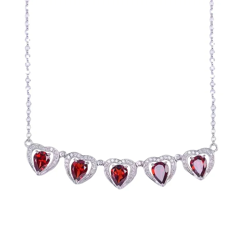 

*Silver inlaid red gemstone heart-shaped necklaces pendant two stylish classic clavicle chain wedding jewelry
