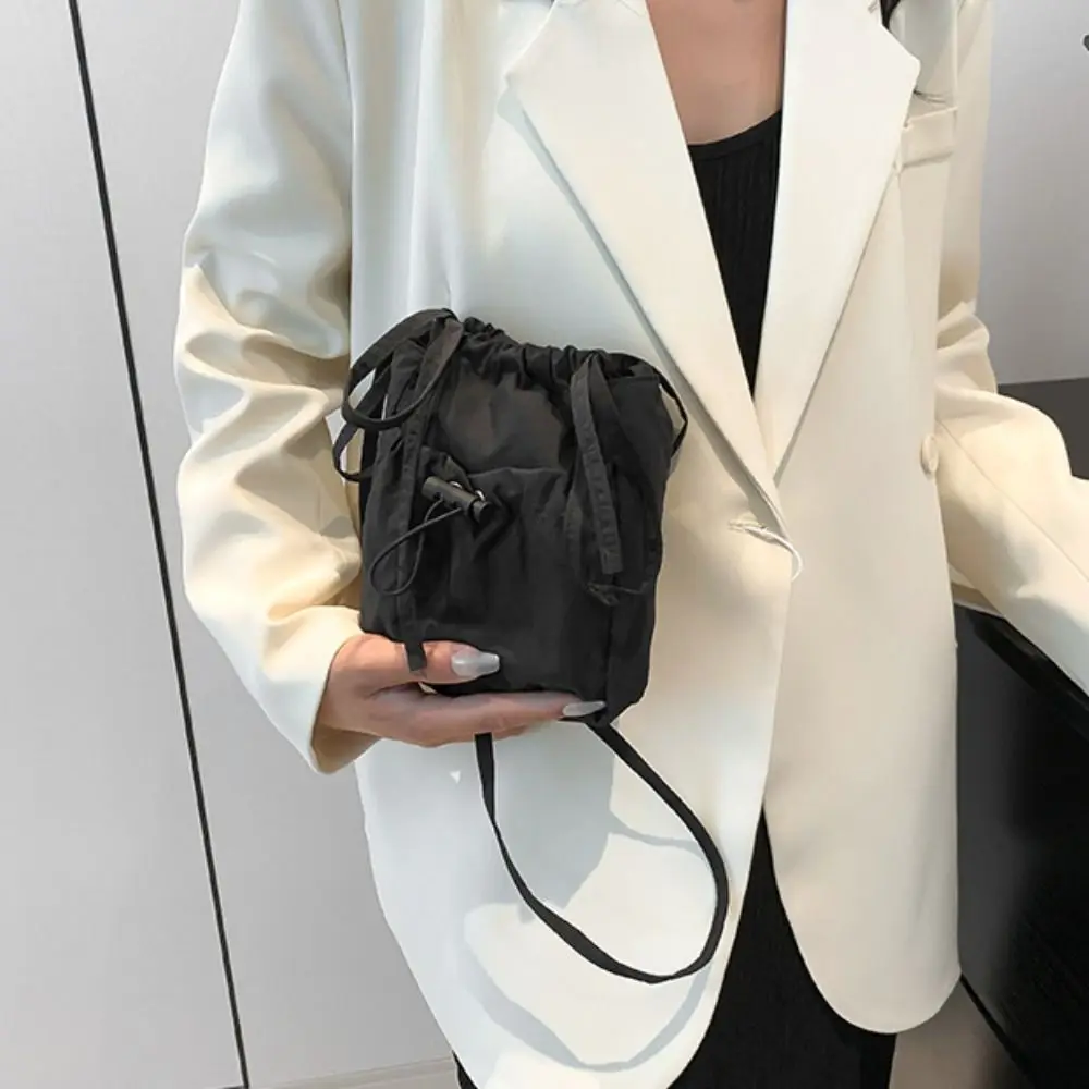 Casual Korean Style Drawstring Canvas Bag Crossbody Bag Solid Color Nylon Shoulder Bag Purse Wallet Mobile Phone Bag Travel