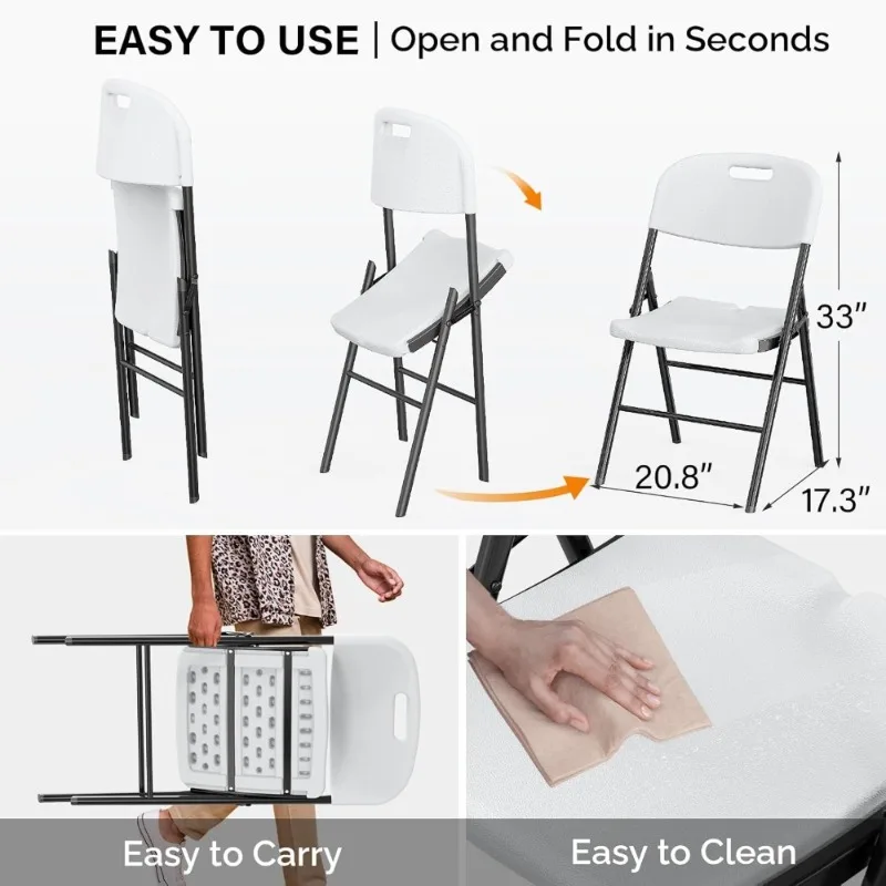Sillas plegables de alta resistencia Asiento de plástico HDPE Marco de acero portátil para interiores y exteriores Evento Fiesta Boda Banquete Escuela Blanco
