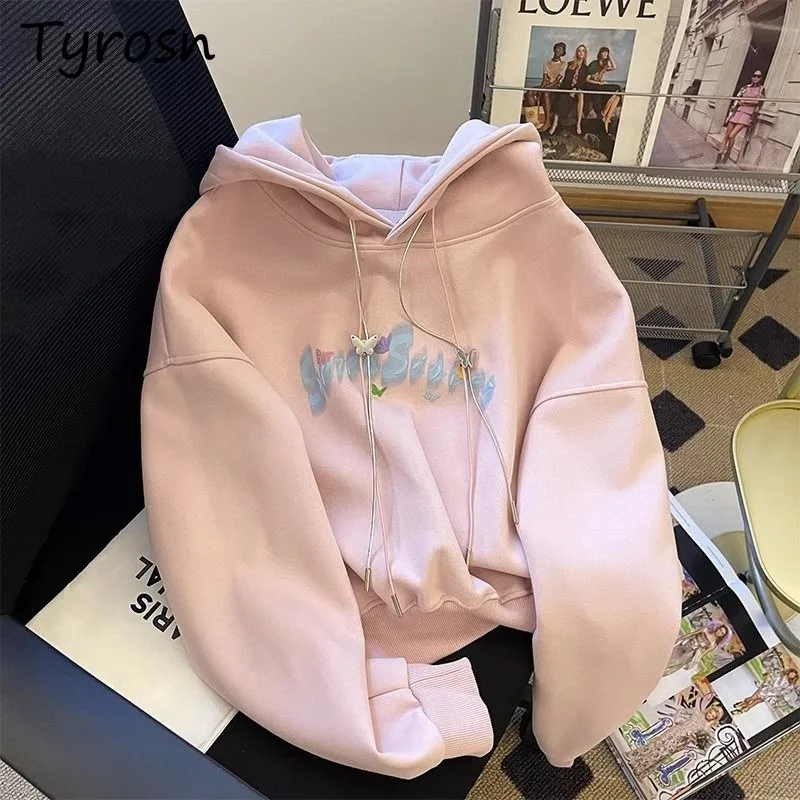 Pink Butterfly Print Hooded Sweatshirt for Women Korean Autumn Winter Large Size Velvet Thickened Dopamine Outerwear Hoodies