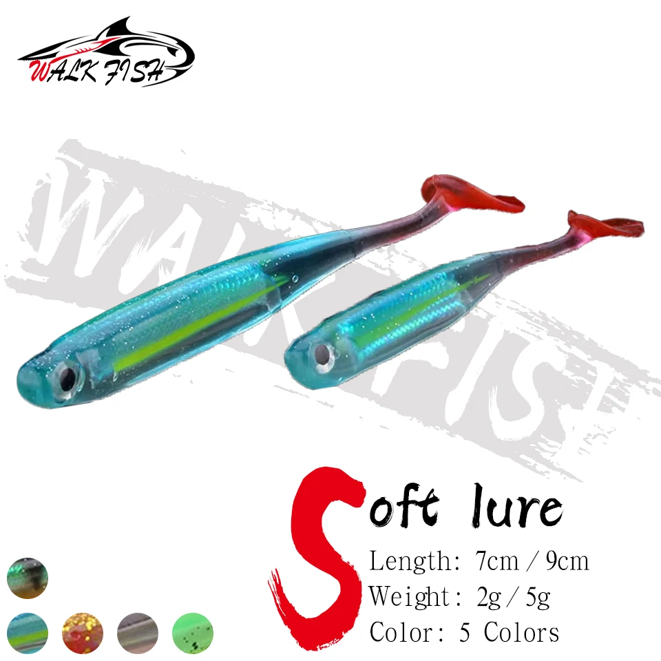 WALK FISH 5 Teile/los 9 cm/5g 7 cm/2g Weichen Köder Winter Meer Angeln Bionic T Schwanz Künstliche 3D Augen Schwimmen Hohe-helligkeit Reflexion