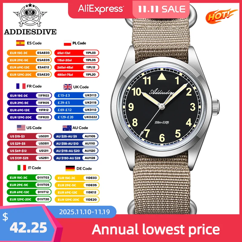 

ADDIESDIVE новые часы VH31 Bubble Mirror Glass 36 мм мужские уличные наручные часы 10 бар водонепроницаемые светящиеся ретро часы-пилот AD2079