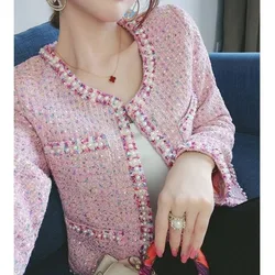 Jaqueta de lã de Tweed de mangas compridas feminina, casaco com gola redonda, perolização, moda coreana, tops, roupas, novo, rosa