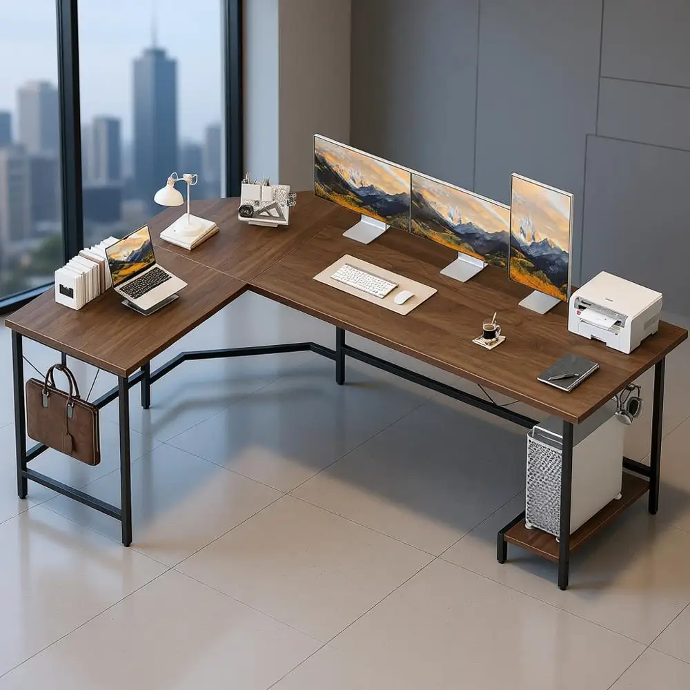 مكتب ألعاب زاوية كبيرة مع حامل وحدة المعالجة المركزية، مكتب كمبيوتر قوي للمكتب المنزلي للكتابة ومحطة العمل