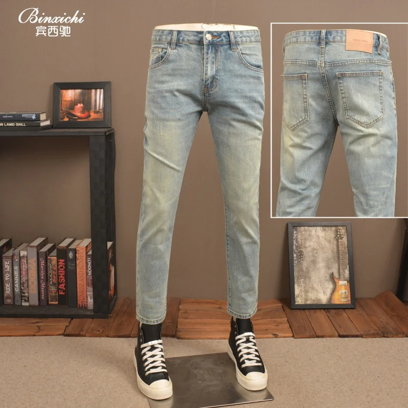 

Spring and summer vintage vintage light colored cropped jeans men's stretch small straight leg washed casual long pants