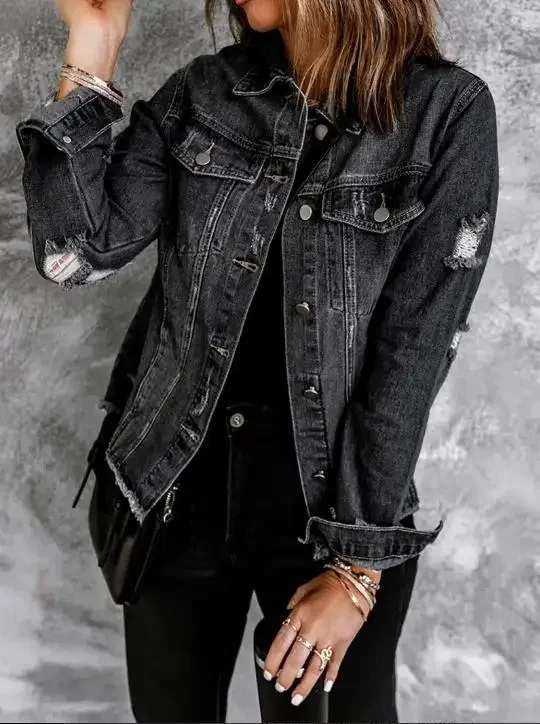 Cotton Pockets Denim Coat Women Spring Autumn Black Cardigan Jeans
