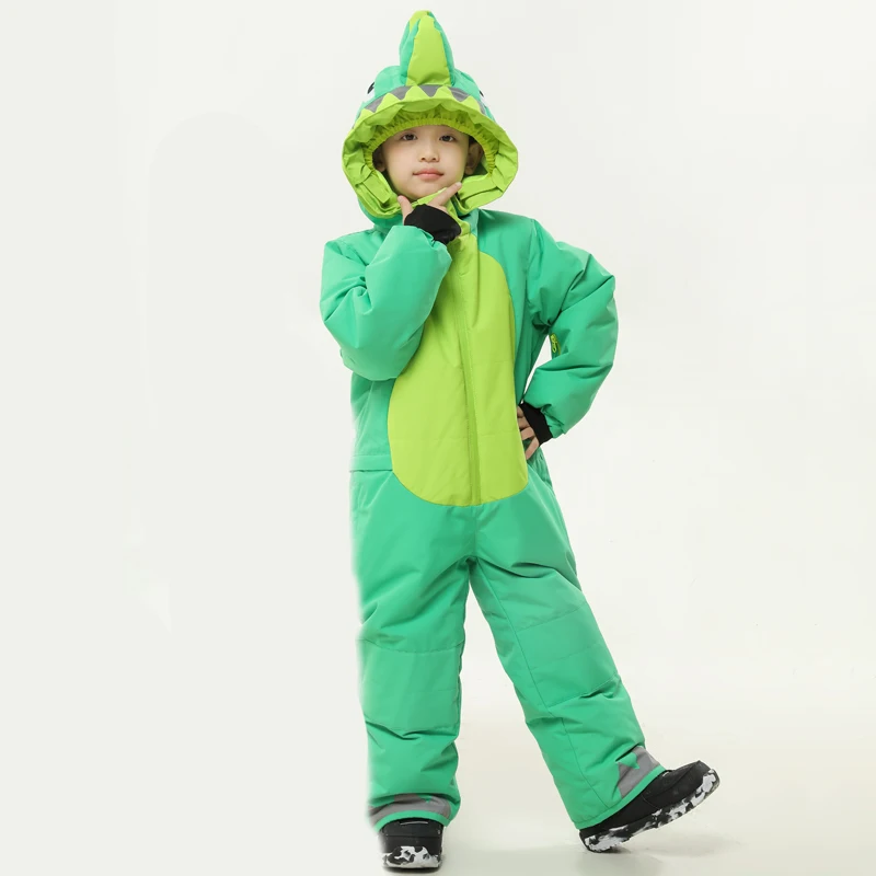 Winteroutdoor overall in dinosaurusstijl, snowboards en ski's, overall uit één stuk voor kinderen