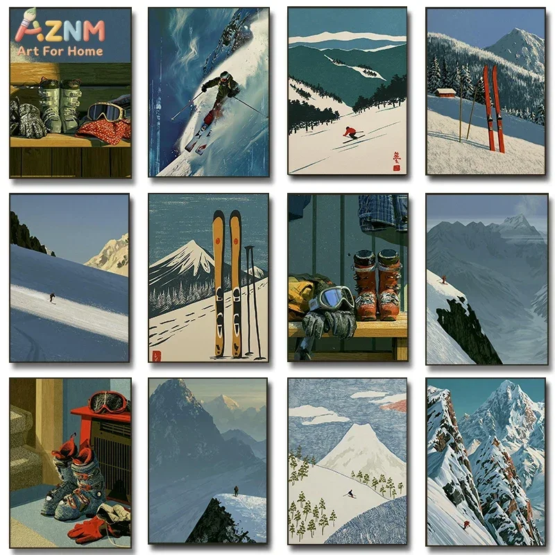 AZNM Ski Sport Mountain Canvas Print, Retro Winter Skiing Equipment Snow Mountain Illustration Unframed Canvas Painting, Adventu