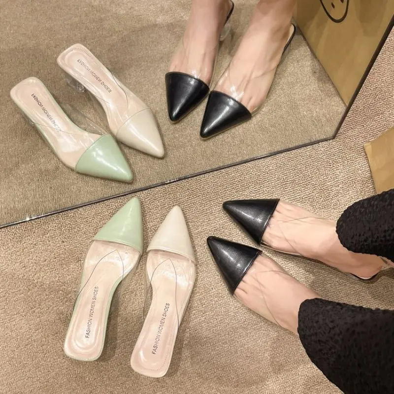 

Pointed Half Slippers Women's 2024 Spring Korean Color Matching Thin Heeled Baotou Transparent High Heels Outer Wear Slippers