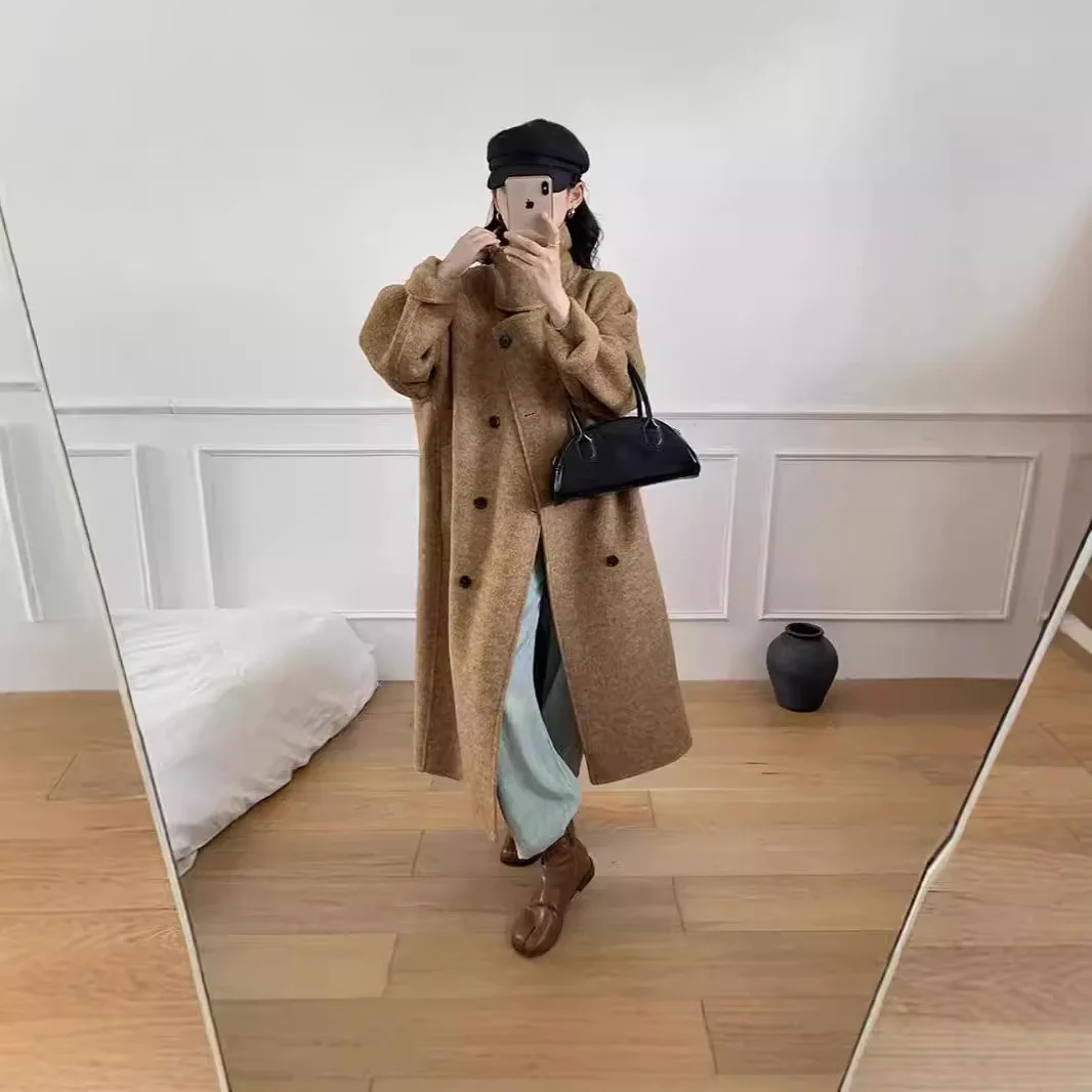 SuperAen Autumn and Winter 2025 New Stand-up Collar Double-sided Cashmere Coat Women Loose Woolen Casual Coat