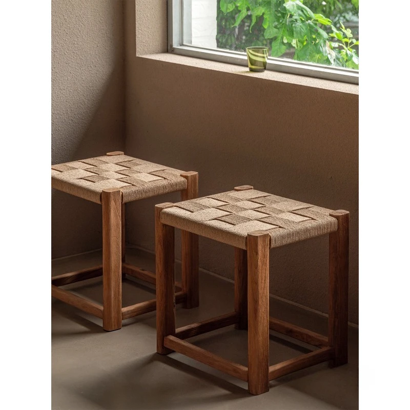 Solid wood stool, hand-braided rope elm dressing stool