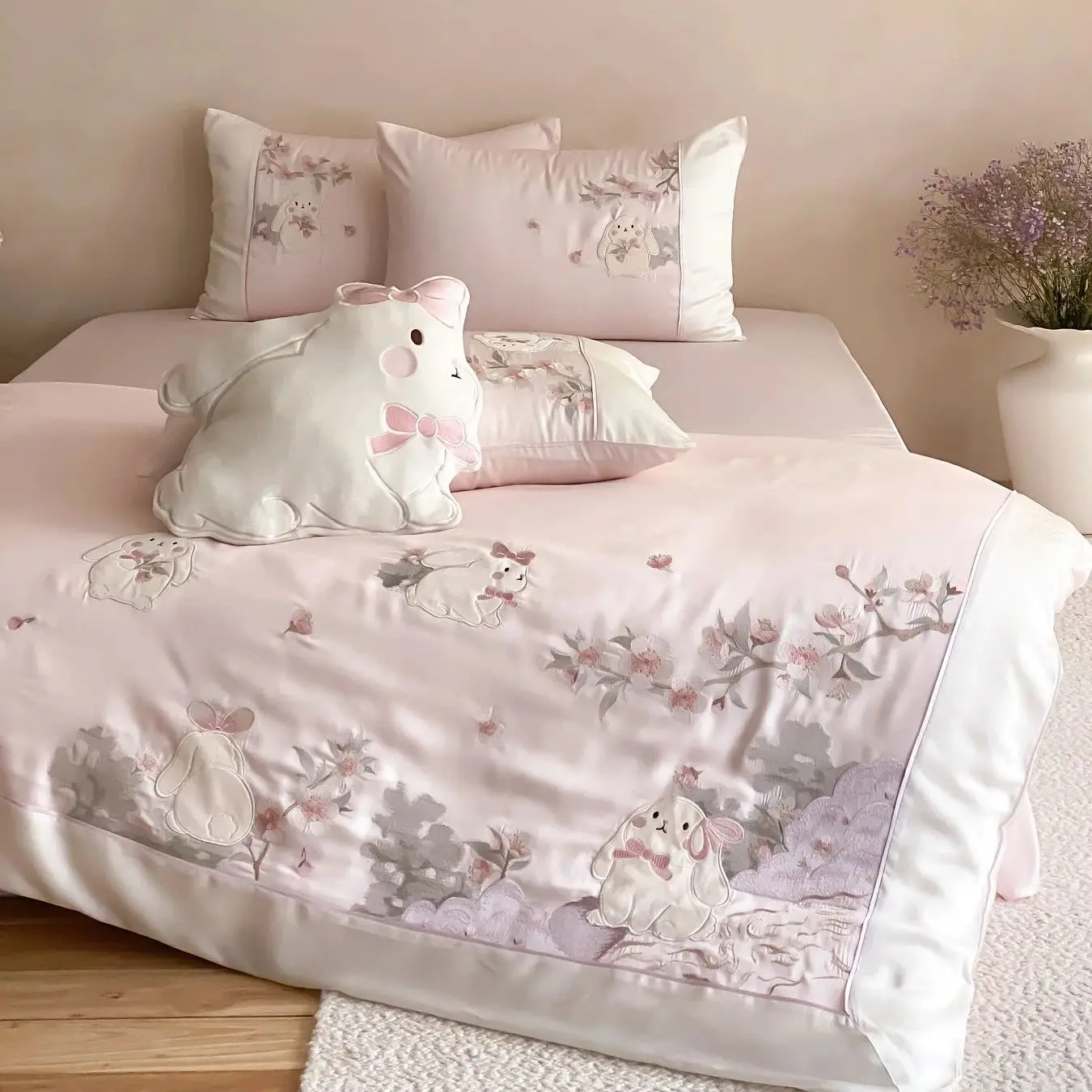 Pink Cute Rabbit Embroidery 600TC Lyocell Soft Silky Cooling Summer Bedding Set Duvet Cover Flat/Fitted Bed Sheet Pillowcases
