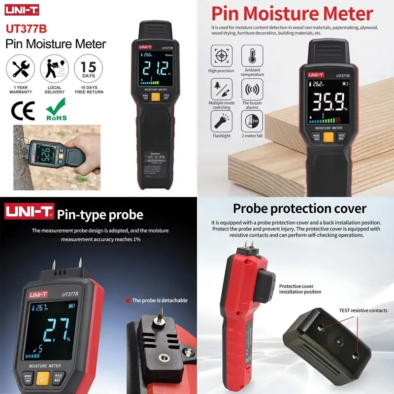 UT377B High Accuracy Pin Moisture Meter Wood Humidity Tester Building Materials Measurement Timber Damp Detector LED