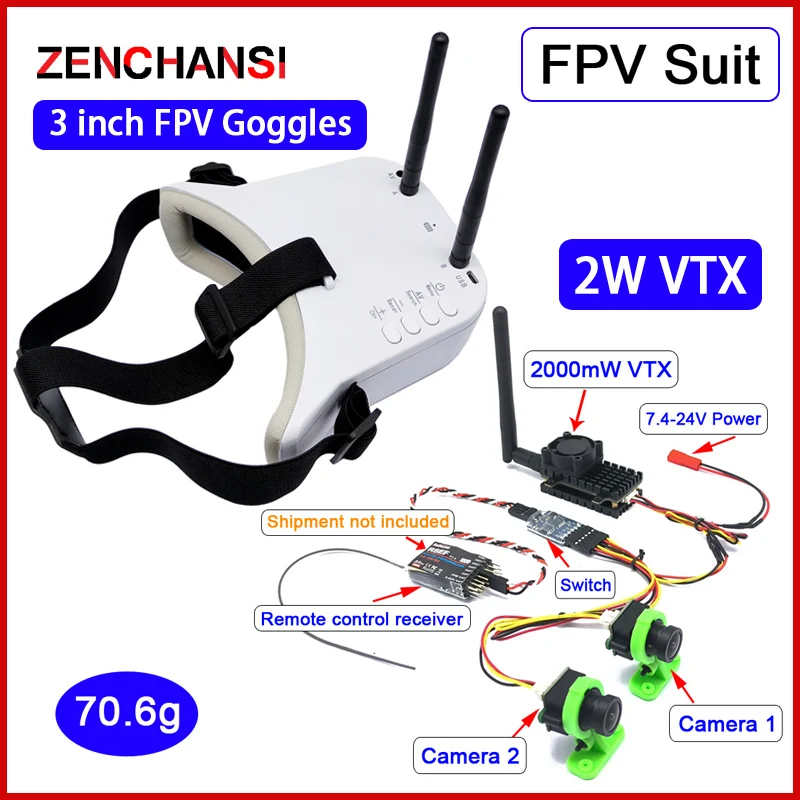 

Long Range FPV System 5.8Ghz 2W FPV Wireless VTX Transmitter 2000mW and 3 channel Dual Video camera CMOS 1000TVL for RC Drone