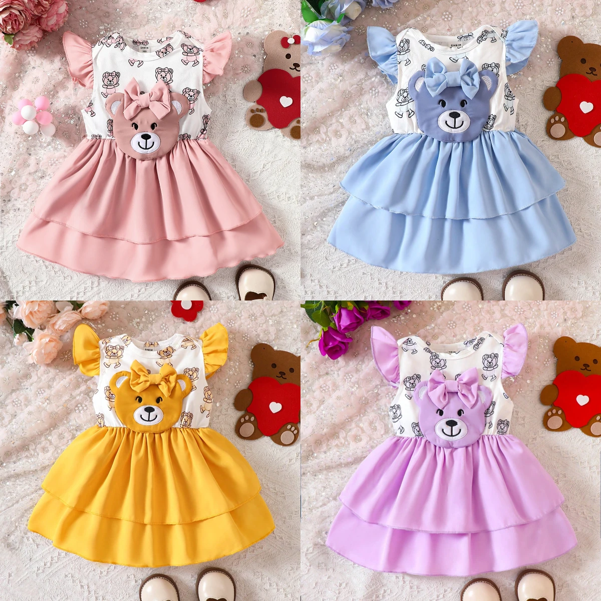 0-2 Years Old Spring And Summer New Round Neck Flutter Sleeve Bear Baby Baby Girl Baby Fashion Cute Foreign Dress