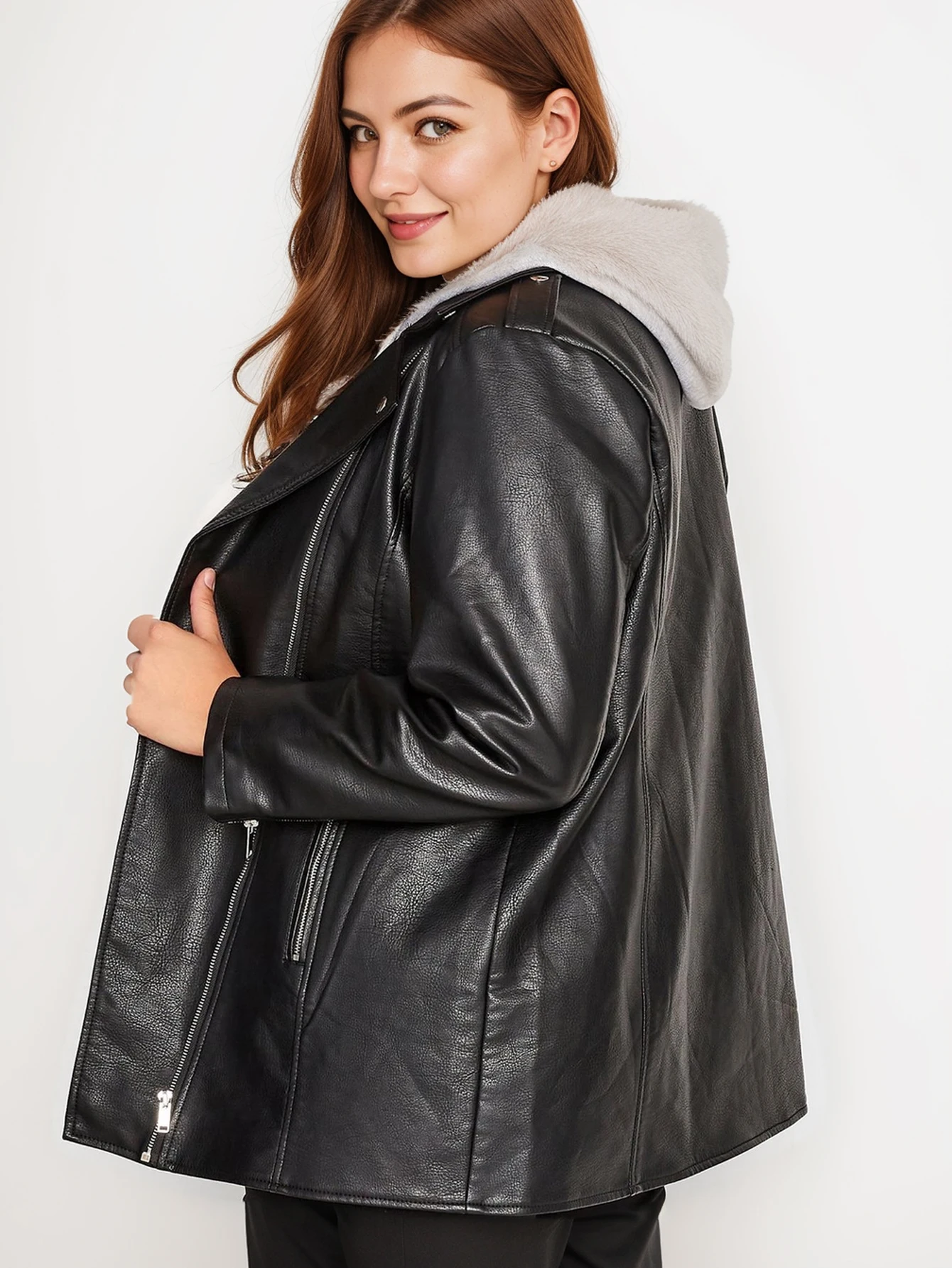 Plus Size PU Leather Zipper Jacket, Casual Long Sleeve Lapel Jacket For Fall, Women\'s Plus Size Clothing