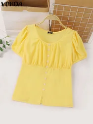 VONDA Women Elegant Shirts 2024 Summer Casual Short Sleeve Blouses Buttons Solid Color Pleated Tunic Tops Loose Blusas Femininas