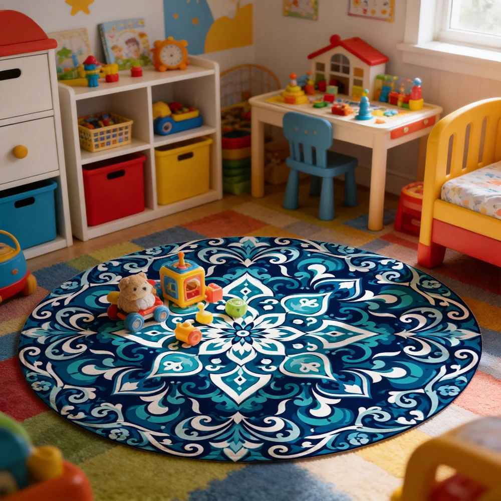 Large Round Blue and White Moroccan Style Area Rug Bohemian Living Room Decor Soft Floor Mat