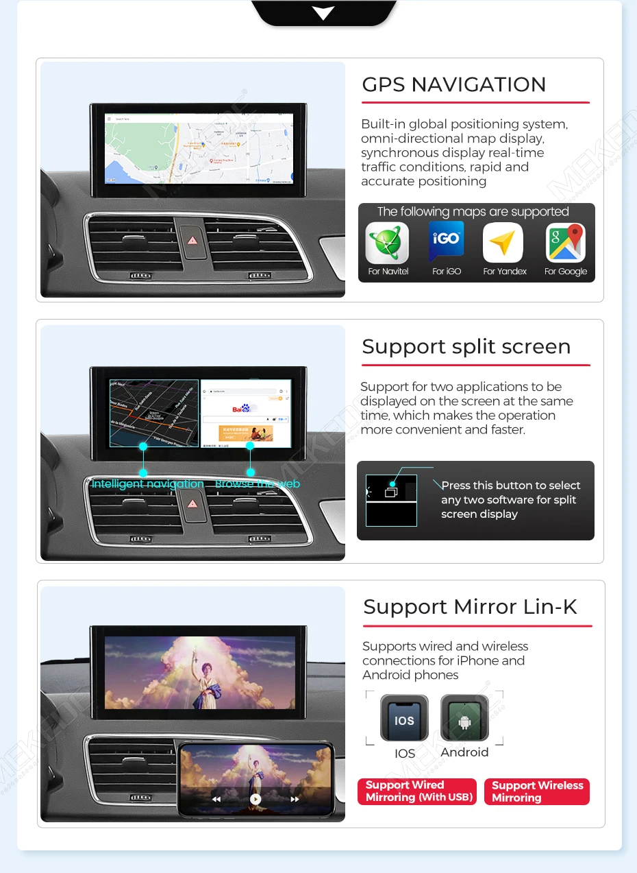 MEKEDE MNX Autoradio Inalámbrico de 8.8 Pulgadas con Sistema Dual Android OS y Carplay para Audi Q5 2009-2016, Versión Alta, Radio de Coche 2 Din, Reproductor Multimedia, Pantalla, 4G LTE, Navegación GPS, Audio, MTK6762, 4G, 64G, FM Estéreo, Compatible con Bluetooth, Información Original BT Automotivo 7