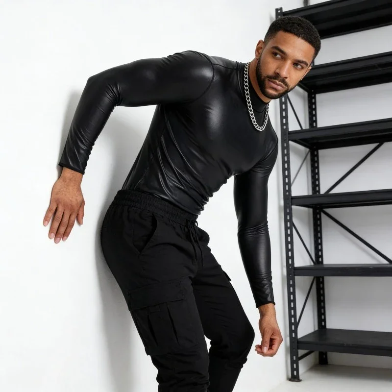 

2026 Mens PU Leather Shirt Slim Fit Long Sleeve Casual Jacket for Men